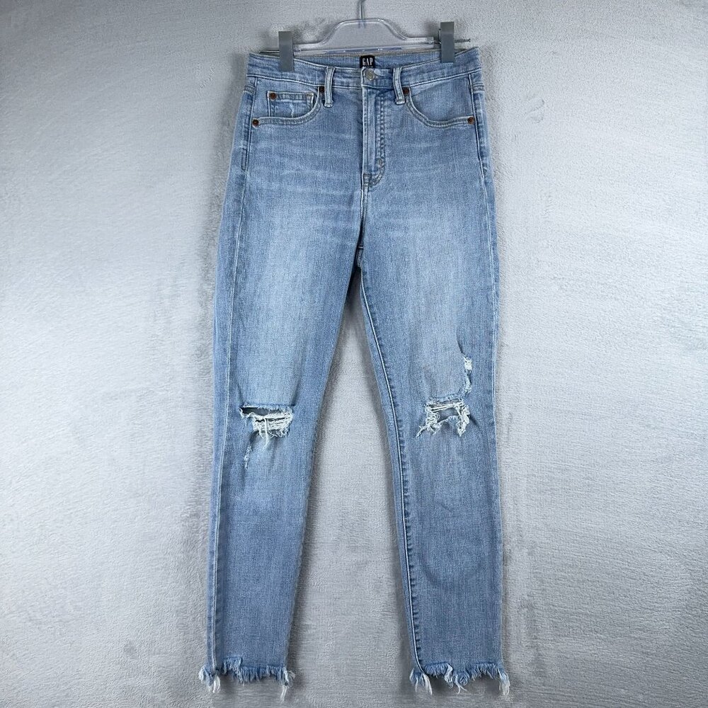 Gap Denim True Skinny Jeans Distressed Raw Hem Light Wash Womens Blue Size 28R